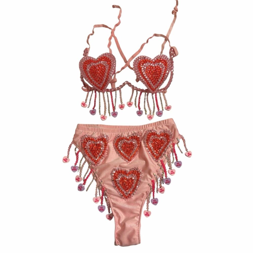 Rhinestone Heart Candy Heart Rave Set Bra Top & High Waist Bottom Small EUC